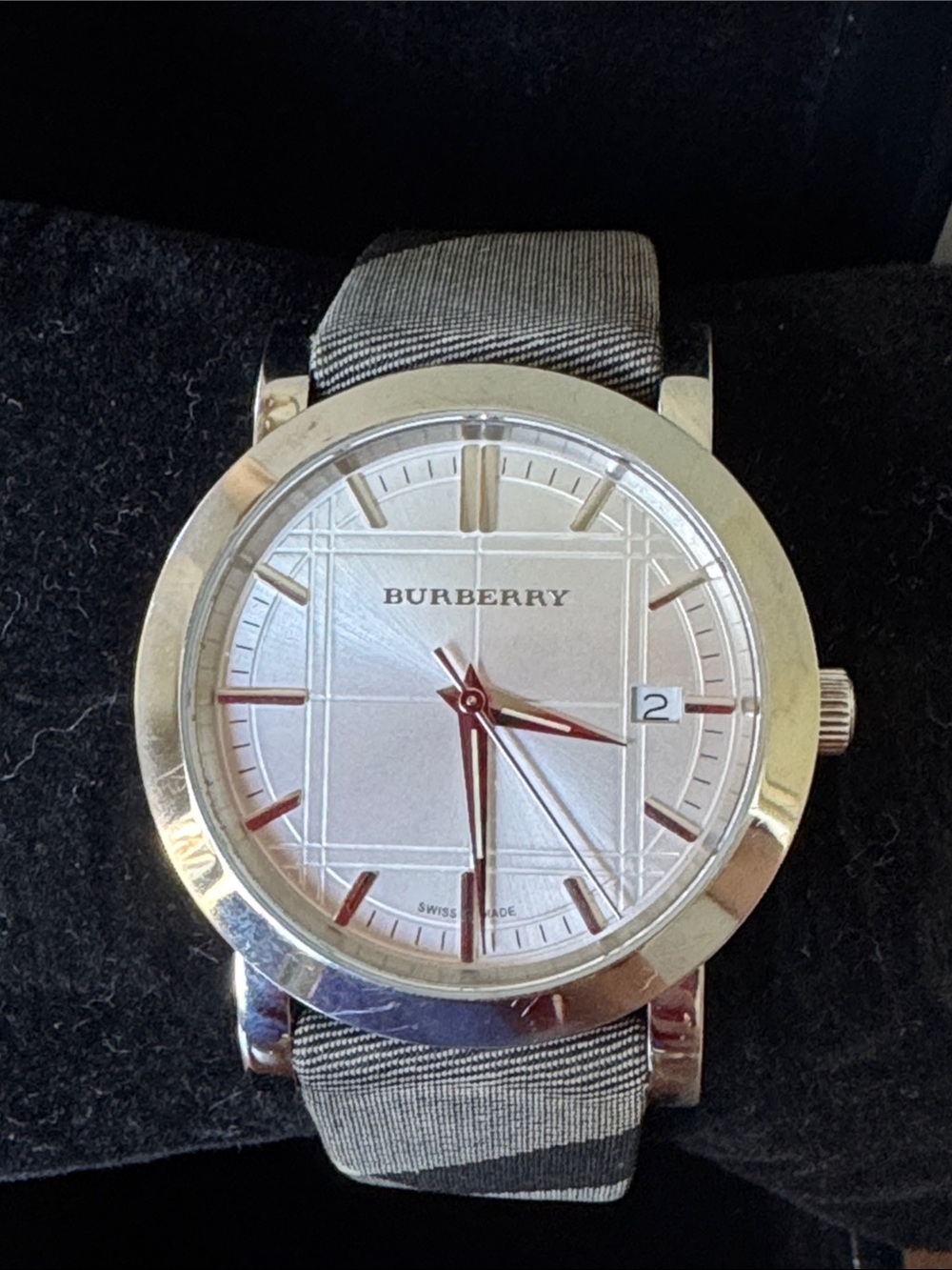 Burberry Silver Dial Men's Watch with Gray Plaid Strap